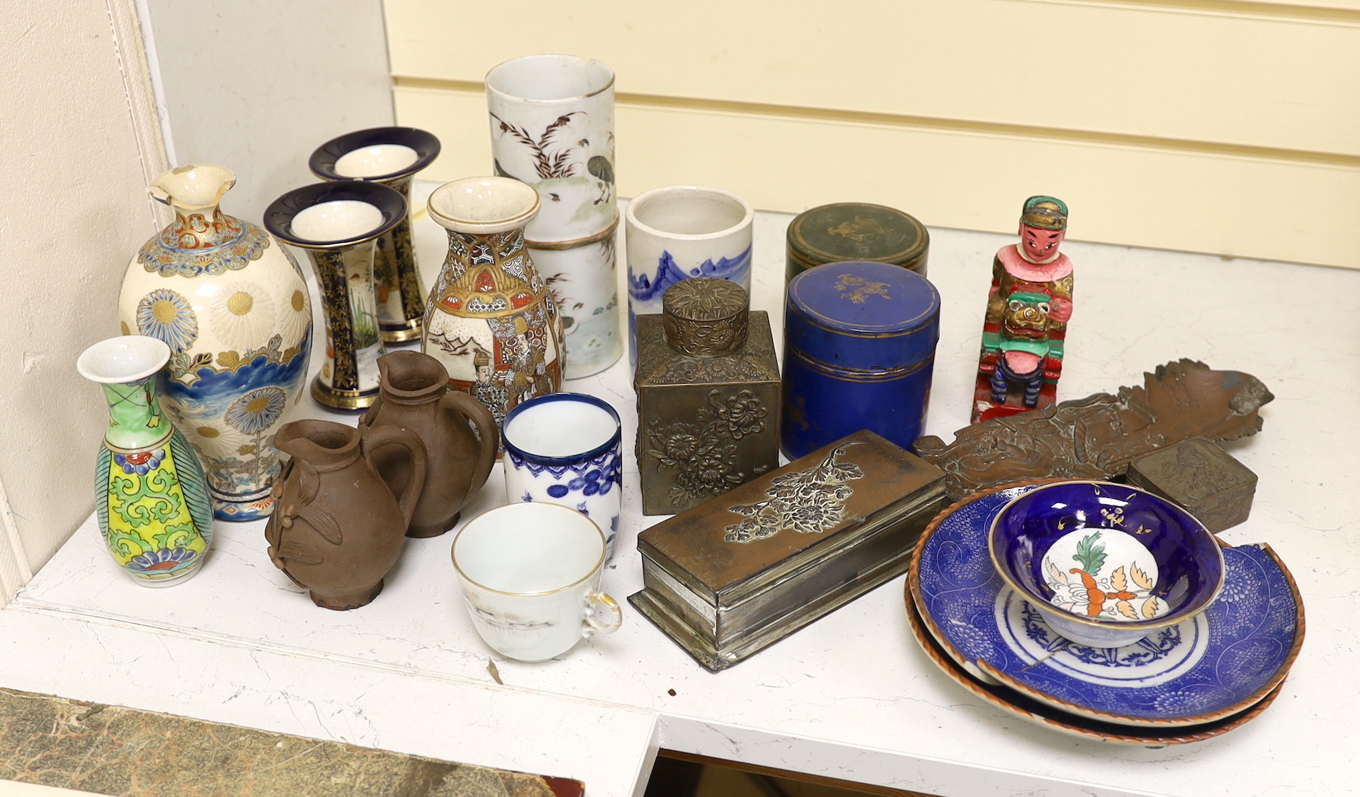 Mixed Japanese ceramics including Satsuma pottery, Japanese and Timoney boxes and covers, Chinese carved and lacquered figure, Burmese lacquer boxes etc.